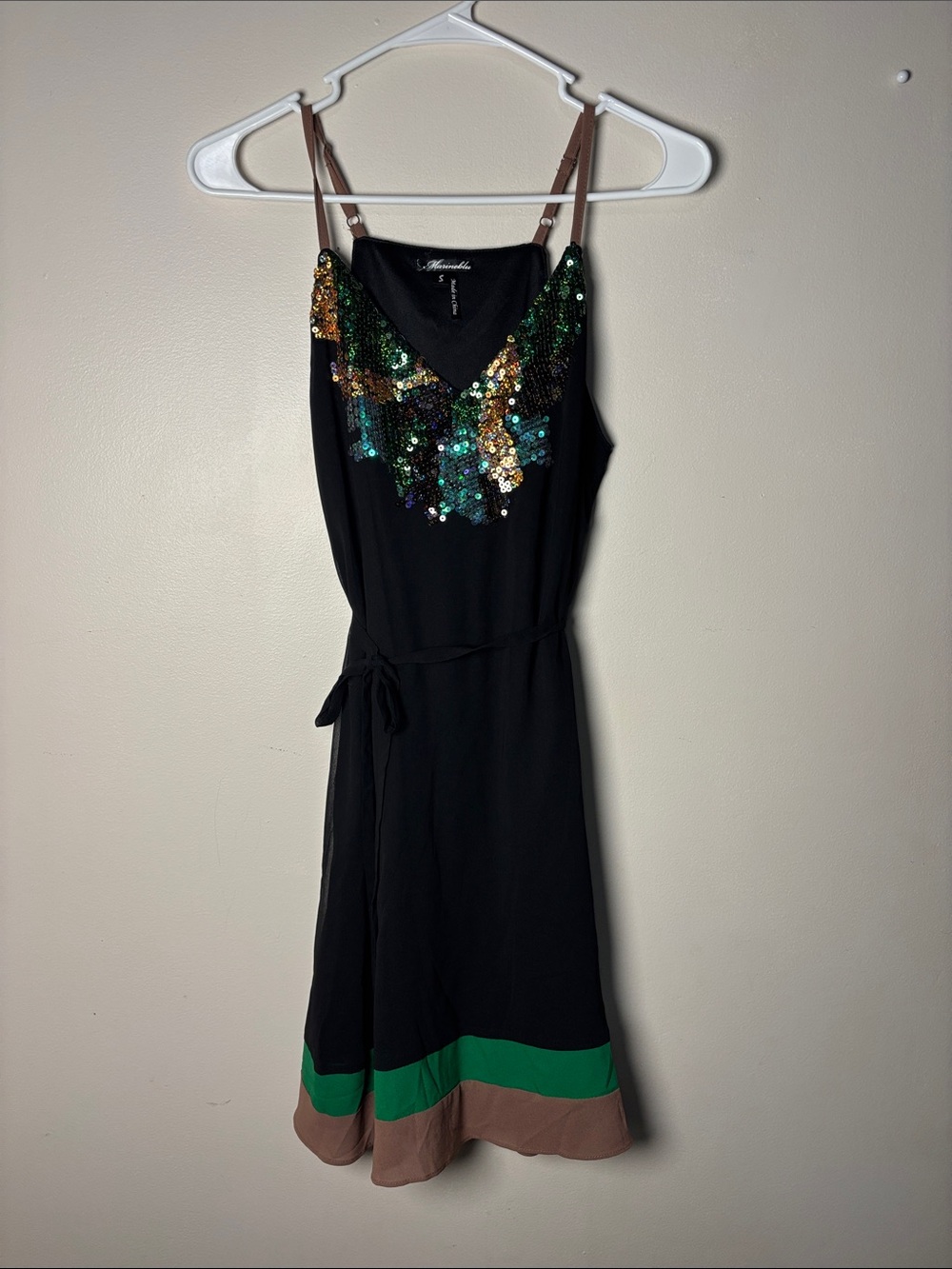 Marineblu Black Midi Dress with Green, Tan & Multicolor Sequins